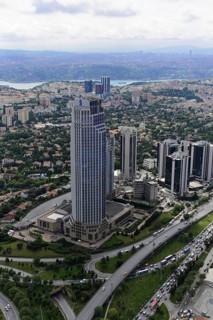 Is Kuleleri skyscraper and Bosphorus, view from Istanbul Sapphire, financial district, Levent,