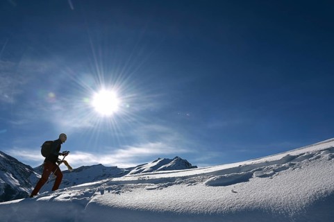 Snowshoe hiking in the Beverin nature park Park, Graubuenden, Switzerland, Europe