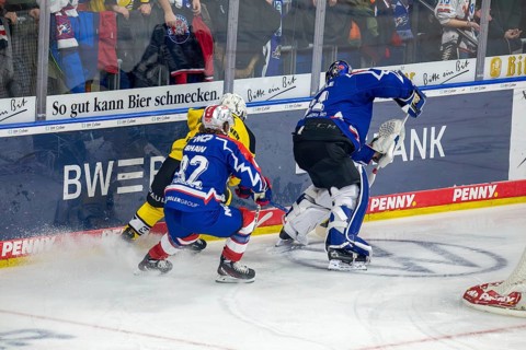23.02.2024, DEL, German Ice Hockey League, 48th matchday) : Adler Mannheim (yellow jerseys) against