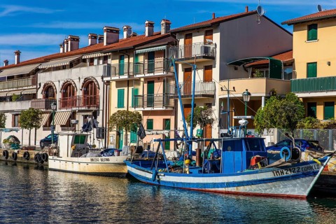 Fishing boats in the harbour, island of the lagoon town of Grado, north coast of the Adriatic Sea,