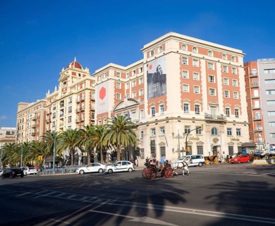 Buildings on Alameda Principal street city centre of Malaga, Spain, Europe