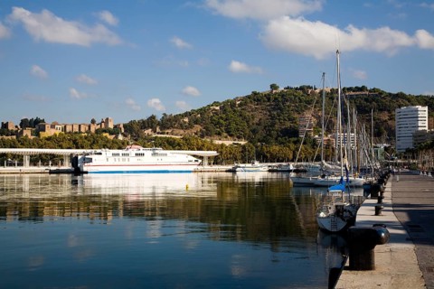 Alcantara Dos catamaran ferry at the quayside in new port development in Malaga, Spain with the