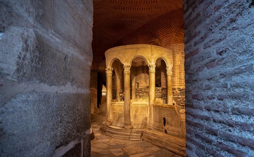 Interior view of the crypt, remains of the Roman baths, Hagios Demetrios church, also known as