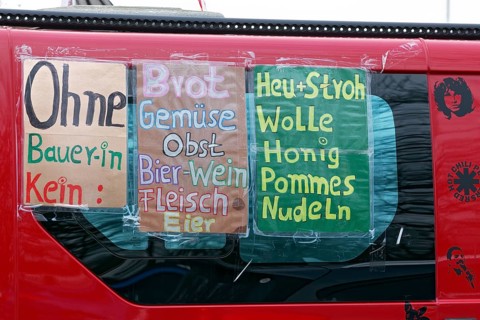 Poster with a list of agricultural products on a vehicle, farmers' protests, demonstration against