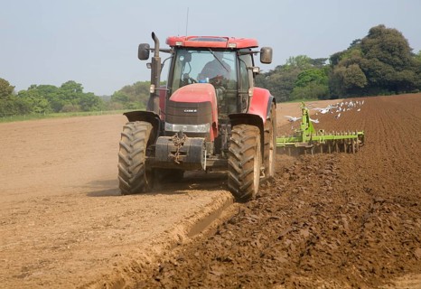 Tractor harrowing soil in field in preparation for planting, Shottisham, Suffolk, England, United