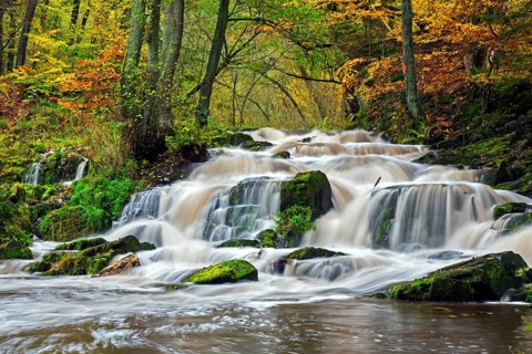 Waterfall near Alexisbad on the Selke river in nature reserve Obere Selketal in autumn, Harz