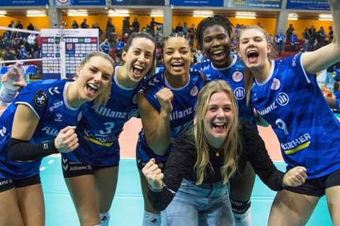Volleyball match, The MTV Allianz Stuttgart woman celebrate their Champions League victory over