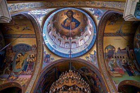 Interior view of Ieros Naos Panagias Dexias church, dome, mosaic, chandelier, Thessaloniki,