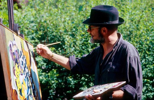 Volker von Mallinckrodt painting in his garden, Weilheim, Baden-Wuerttemberg, Germany, vintage,