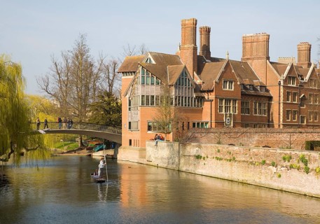 Punting on the River Cam by the Jerwood Library, Trinity Hall College, Cambridge university,