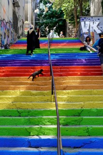 Tourists, painted staircase in rainbow colours, Istanbul, European part, Istanbul province, Turkey,