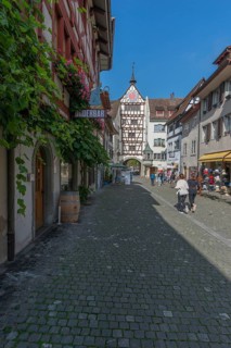 Stein am Rhein, historic old town, lower town with town gate, half-timbered houses, tourists,