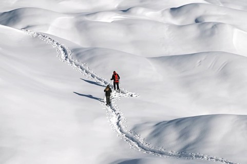 Snowshoe hiking in the Beverin nature park Park, Graubuenden, Switzerland, Europe