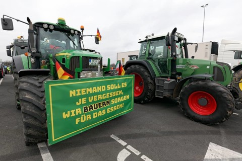 Tractor with sign, Farmers provide food, Farmers' protests, Demonstration against policies of the