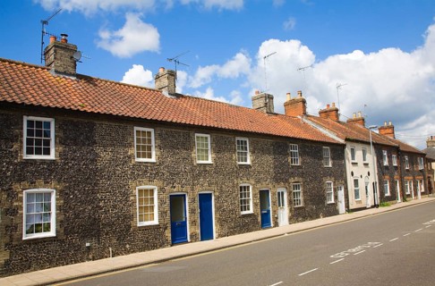 Small row of terraced houses faced with flint, Thetford, Norfolk, England, United Kingdom, Europe