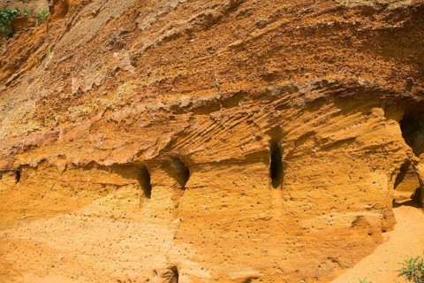 Red crag rock exposed at Buckanay Pit quarry, Alderton, Suffolk, England, United Kingdom, Europe