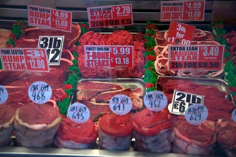 Meat display in butcher's shop window
