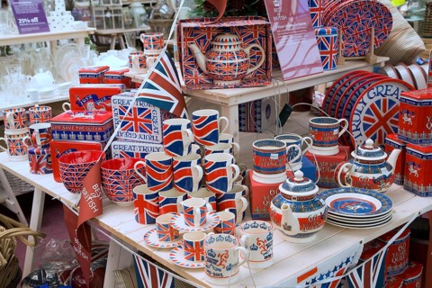 Royal Jubilee memorabilia products on display in shop, June 2012