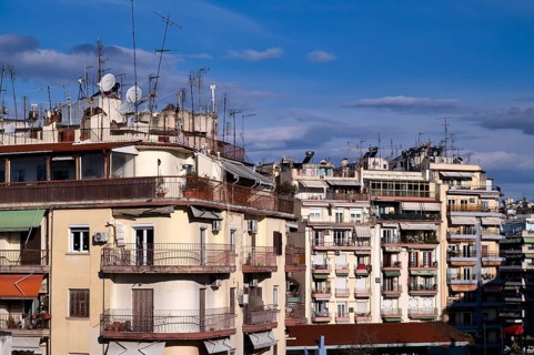 Residential buildings, roof antennas, Leonida Iasonidou street, morning light, Thessaloniki,