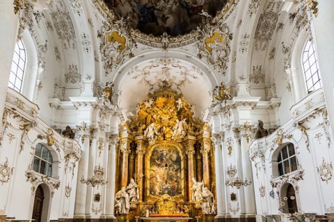 Baroque church, interior view, Marienmuenster, Diessen, Ammersee, Fuenfseenland, Pfaffenwinkel,