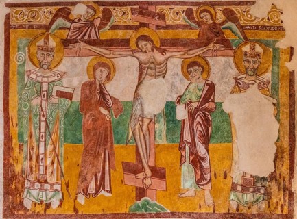 Frescoes, crucifixion scene, Basilica of Aquileia from the 11th century, largest floor mosaic of