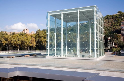 Glass box structure in Muelle Uno port development providing stairs to underground car park Malaga,
