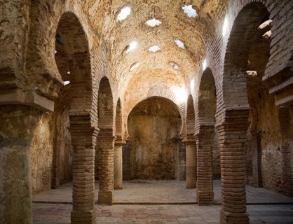 Star shaped skylights in vaulted roof of Arab Baths, Banos Arabes, Ronda, Spain, Europe