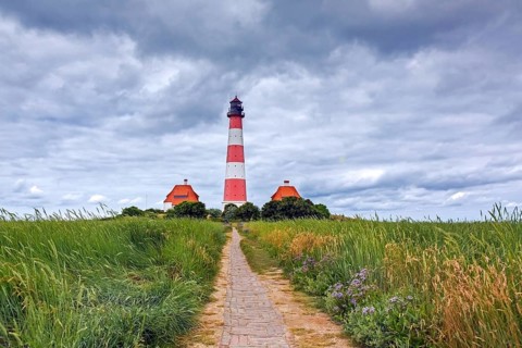 Lighthouse Westerhever, Leuchtturm Westerheversand in summer, Wadden Sea National Park, North