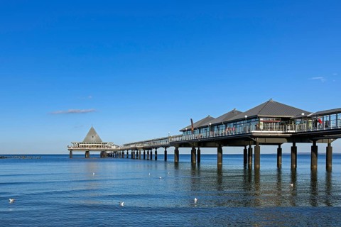 Heringsdorf Pier, Seebruecke Heringsdorf stretching out into the Baltic Sea on the island of
