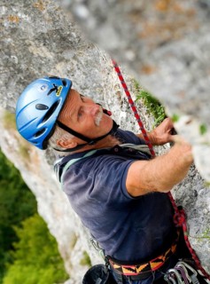 Guenther Strobel, climbing in Danube valley near Sigmaringen, Baden-Wuerttemberg, Germany, vintage,