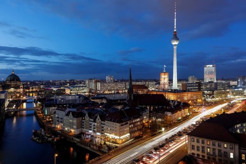Television tower at Alexanderplatz, Red Town Hall and St Nicholas Church and Cathedral at the blue