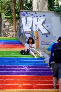 Tourists, painted staircase in rainbow colours, Istanbul, European part, Istanbul province, Turkey,