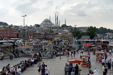 View from the Galata Bridge, Galata Koepruesue, on market and fish stall in Eminoenue