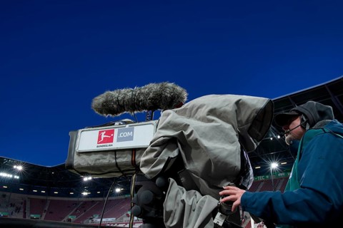 WWK Arena, FC Augsburg FCA, interior, TV camera, logo, Bundesliga, outside microphone, empty