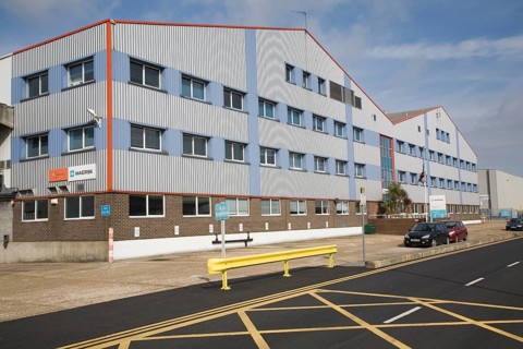 Maersk warehouse and shipping office buildings, Port of Felixstowe, Suffolk, England, United