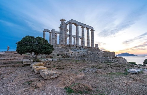 Ancient Temple of Poseidon at sunset, Cape Sounion, Greece, Europe