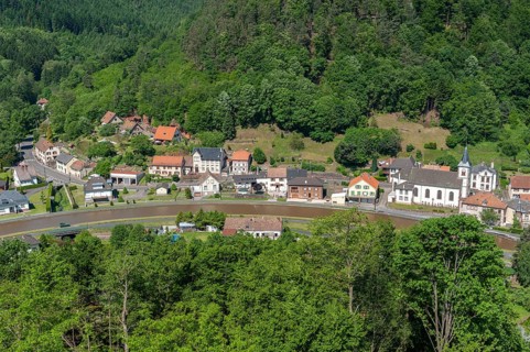View from the ruins of Luetzelbourg to the village of Lutzelbourg with the Rhine-Marne Canal,