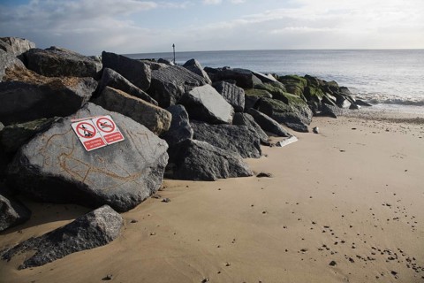 Coastal defences on the North Sea coast in East Anglia at Cobbold's Point, Felixstowe, Suffolk,
