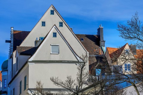 Pointed gables and chimneys, Kempten, Allgaeu, Bavaria, Germany, Europe