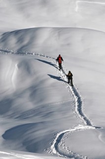 Snowshoe hiking in the Beverin nature park Park, Graubuenden, Switzerland, Europe