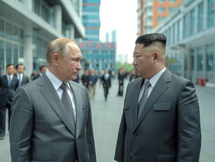 Russian President Vladimir Putin stands with President of Korea Kim Jong Un. AI generated