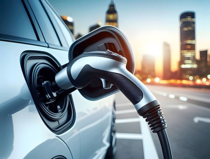 Battery operated electric car charging point plug in a city, AI generated