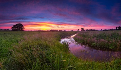 Landscape photo of a moat at sunset, wind, landscape format, evening light, landscape photography,