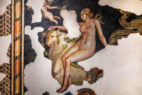 Mosaic depicting a young girl on a sea bull, 1st century, National Archaeological Museum, Villa