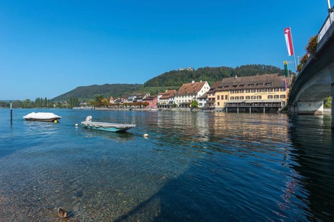 Stein am Rhein, cityscape, panorama, bridge, castle Hohenklingen, mountain, blue sky, canton