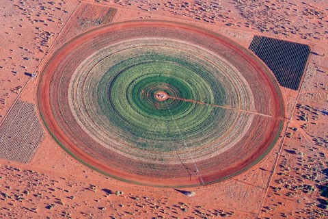 Aerial photo, circular field in the Kalahari desert, agriculture, irrigation, groundwater, alfalfa,