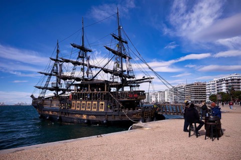 Tourist ship, excursion boat, pirate ship Arabella, Thessaloniki Pirates, anchored on the