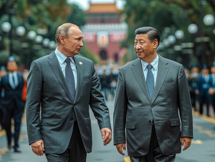 Russian President Vladimir Putin stands with General Secretary of China Xi Jinping, ai generated,