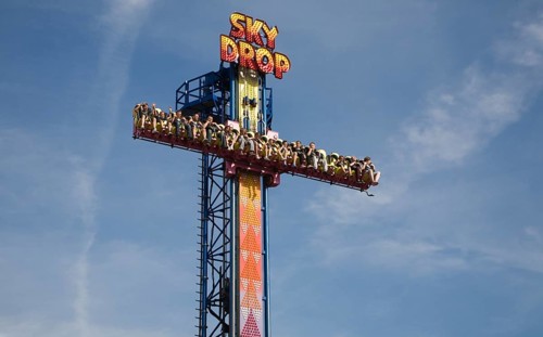 Sky Drop freefall gravity funfair ride Pleasure Beach, Great Yarmouth, Norfolk, England, United