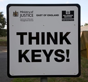 'Think Keys' security warning sign outside a prison, Ministry of Justice, East of England, Suffolk,